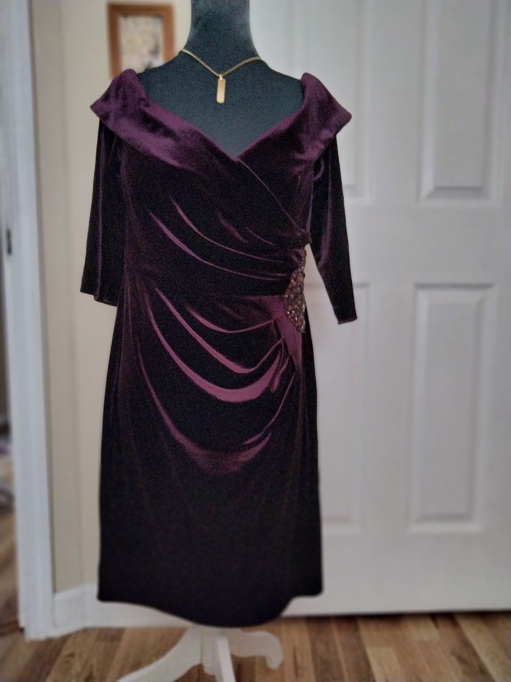 Alex Evening Elegant Purple Velvet Off Shoulder Dress with Side Embellishment